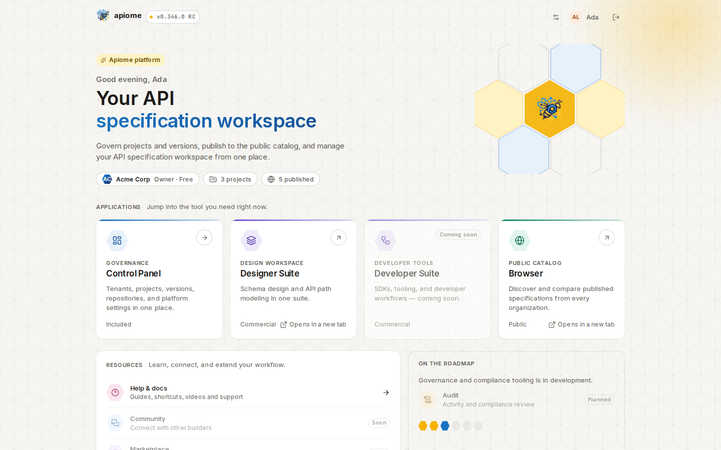 The launcher: Your API specification workspace, with Control Panel, Designer Suite, Developer Suite and Browser cards