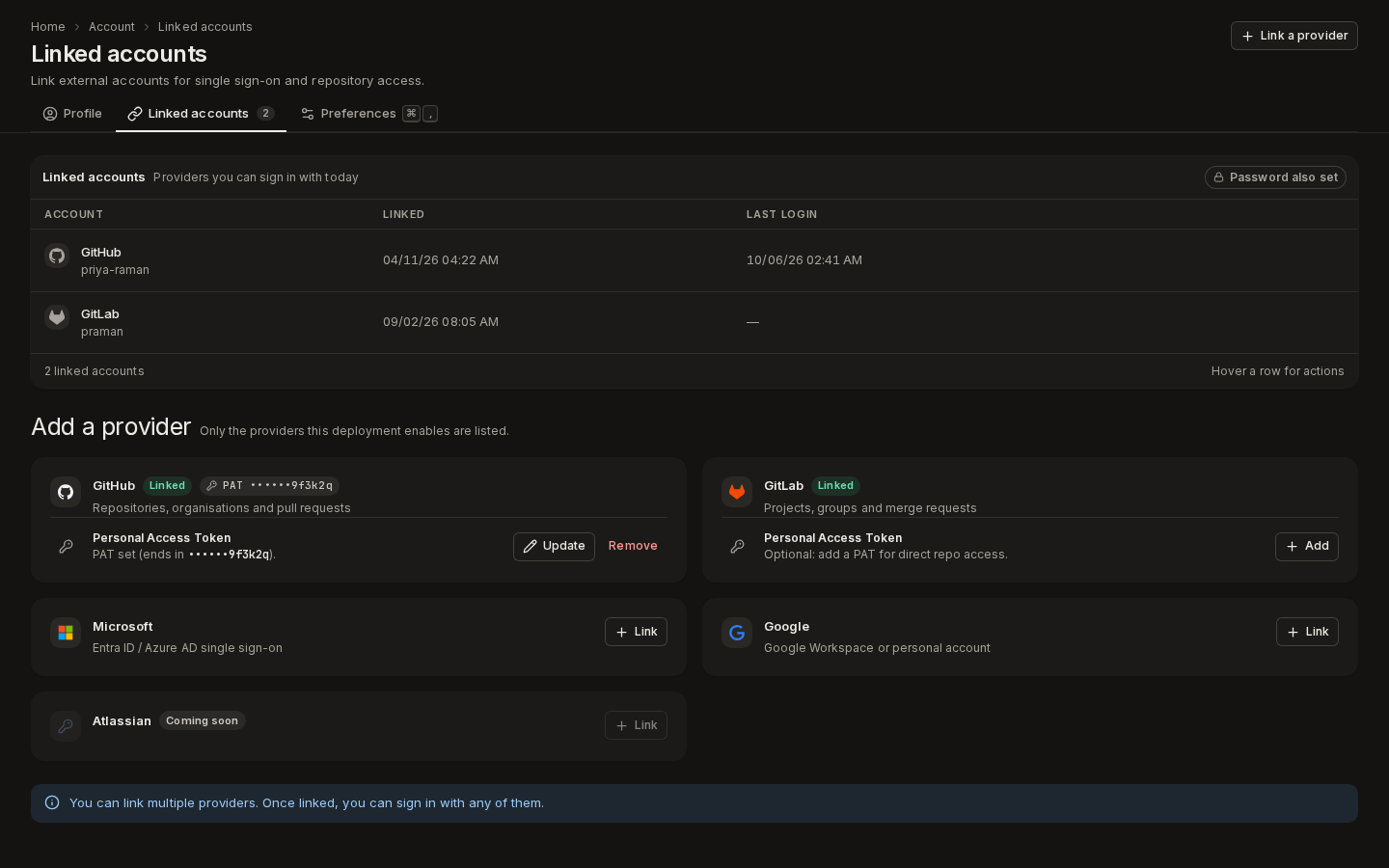 Linked accounts: GitHub and GitLab linked, a stored GitHub token, and Microsoft, Google and Atlassian cards