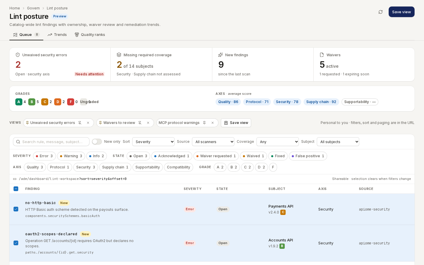 Assign owner: a user id typed beside the Assign button for three selected findings