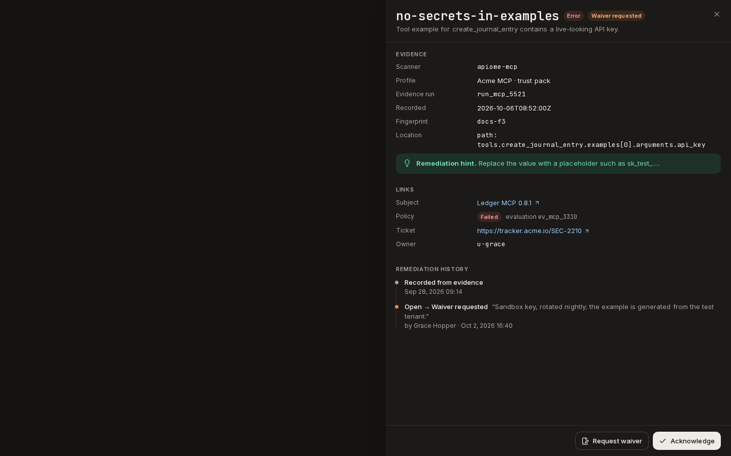 A finding's drawer: evidence, links with owner and ticket, and its remediation history