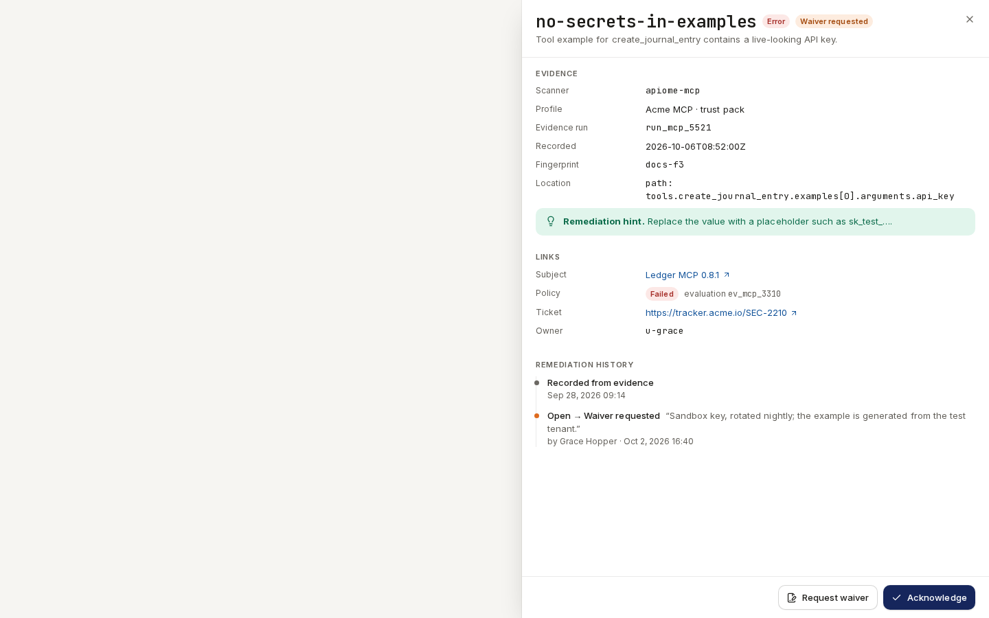 A finding's drawer: evidence, links with owner and ticket, and its remediation history