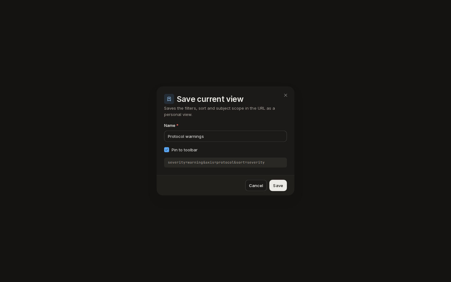 Save current view: a name, Pin to toolbar, and a preview of the saved query