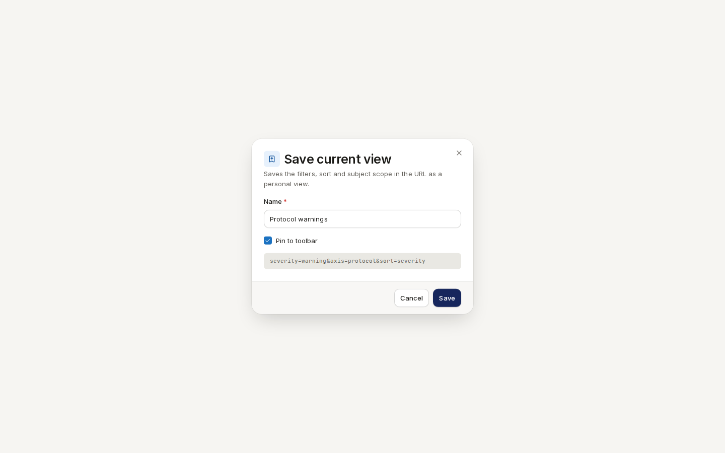 Save current view: a name, Pin to toolbar, and a preview of the saved query