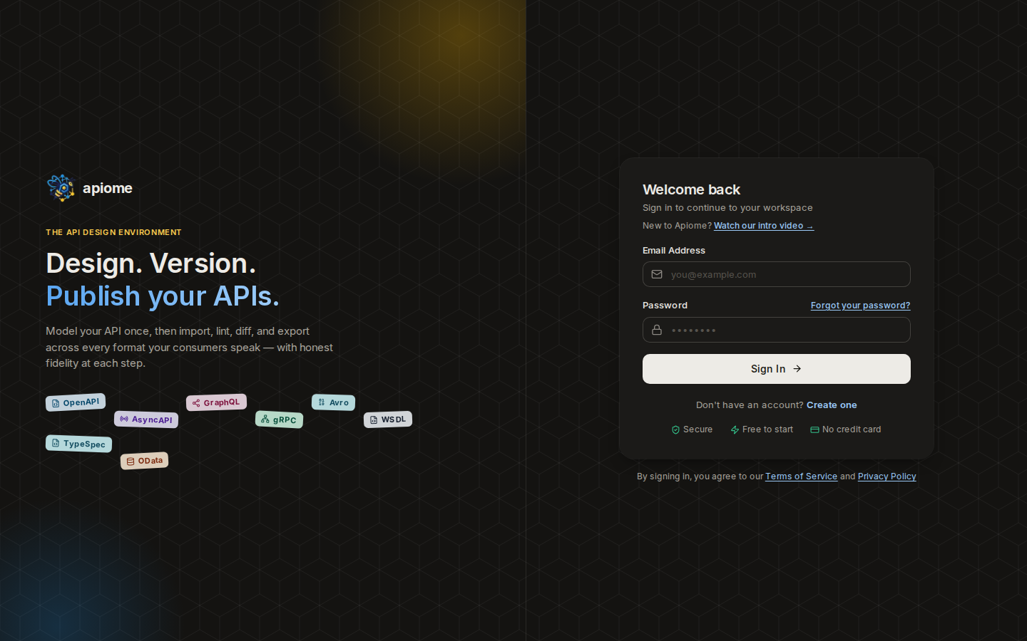 The sign-in page: Welcome back, with Email Address and Password fields and a Sign In button
