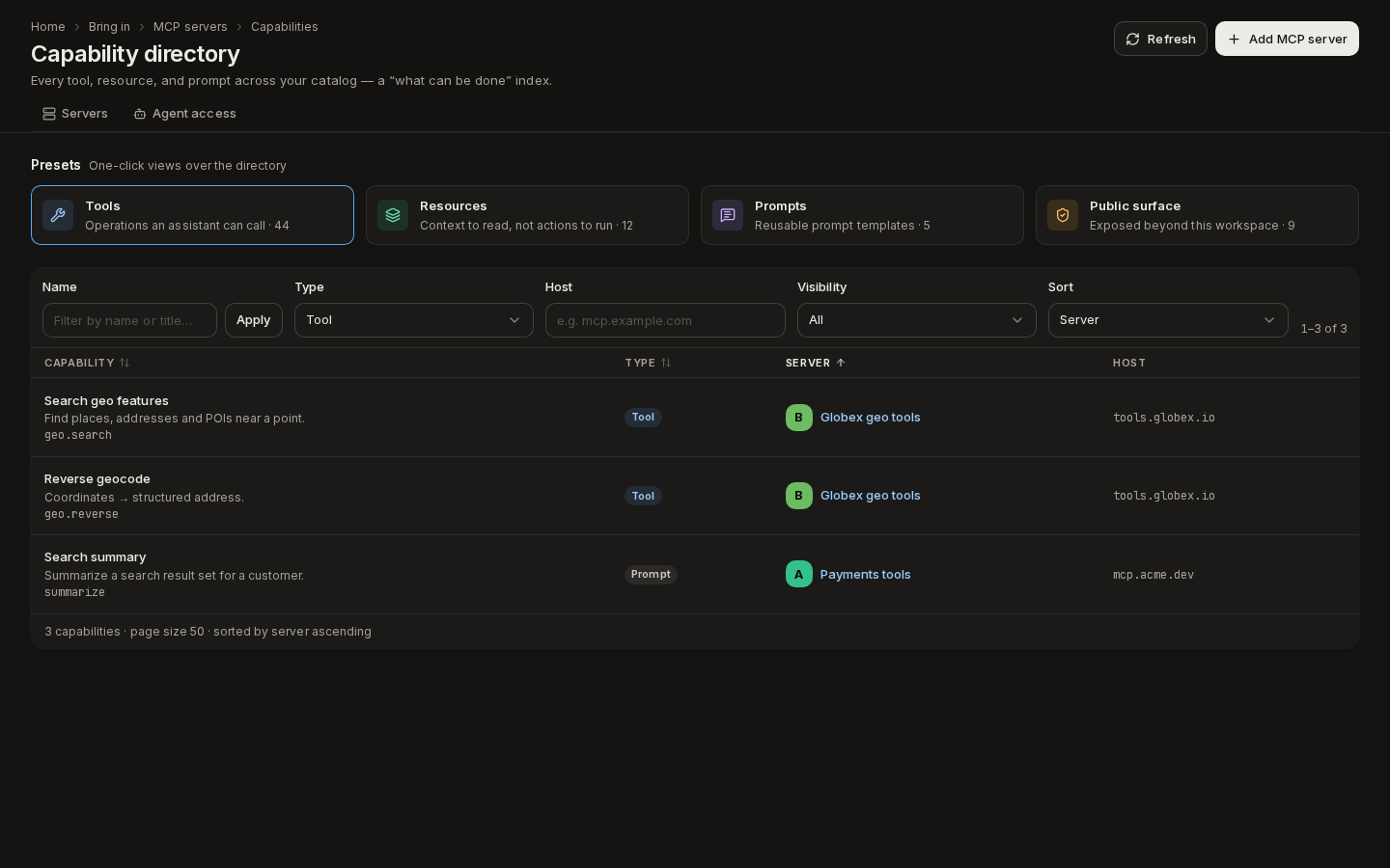 The Capability directory: presets and every capability with its type, server and host