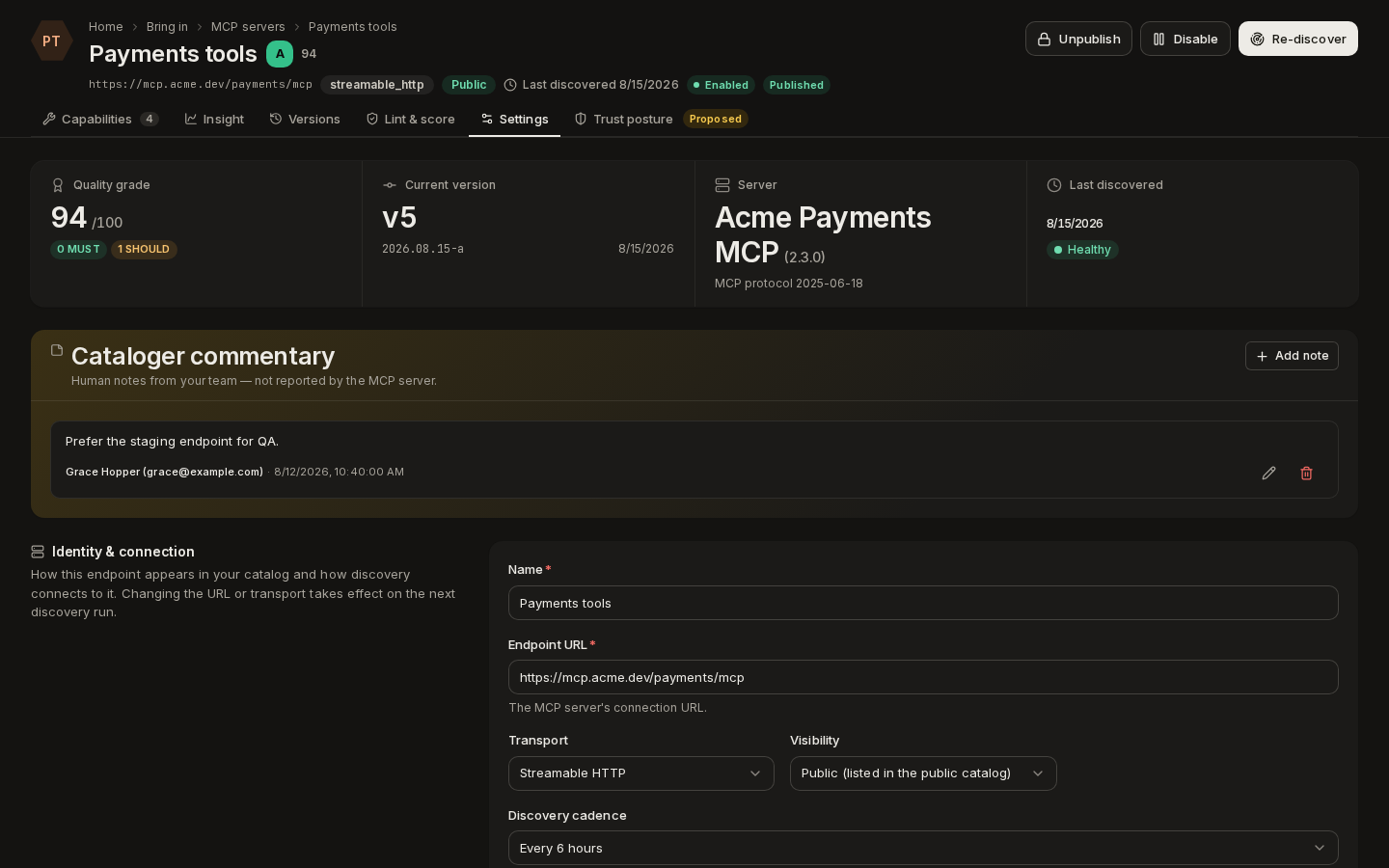 An MCP endpoint's Settings tab: identity and connection, transport, visibility and discovery cadence