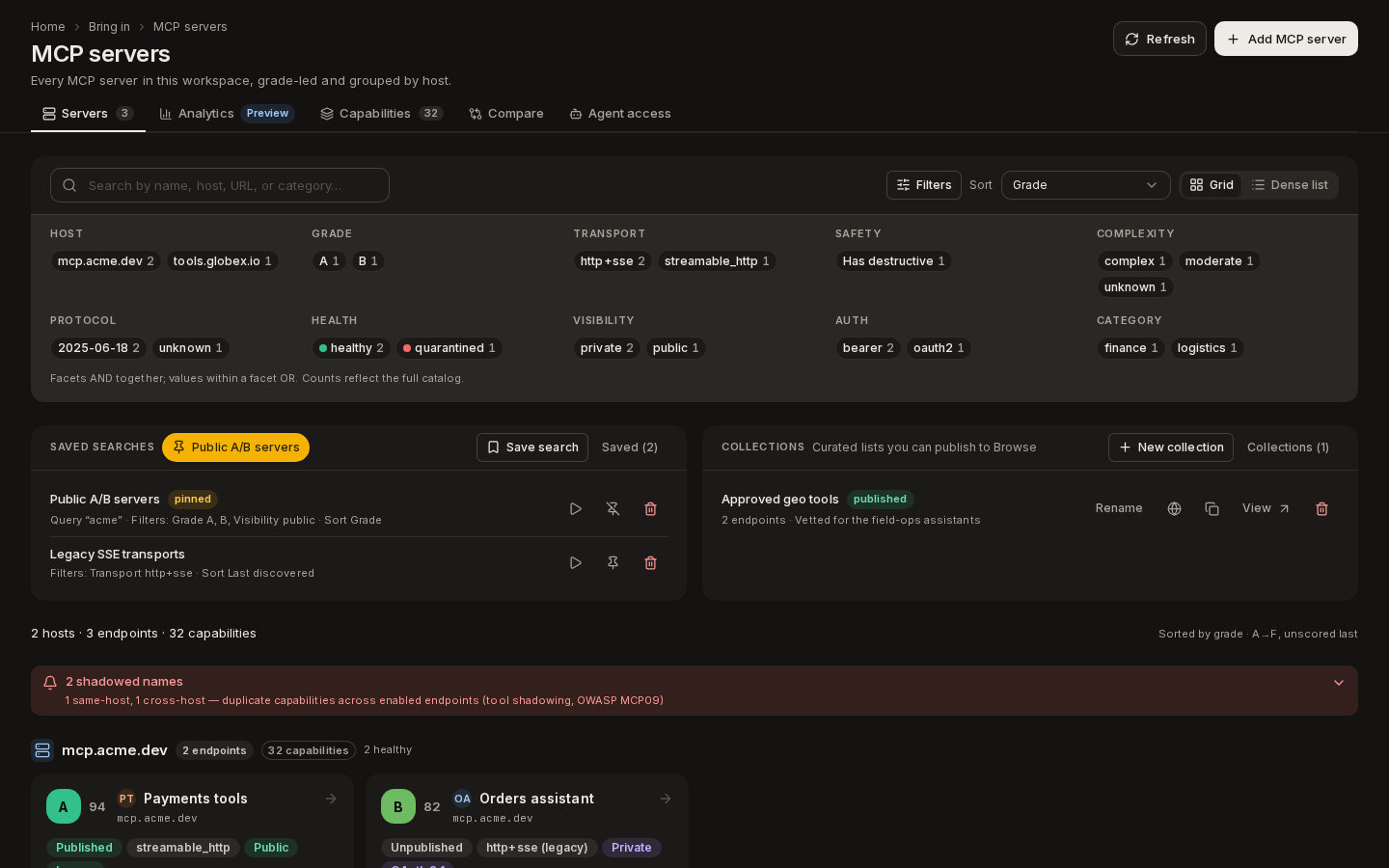 MCP servers in the grid view, with filters, saved searches and collections