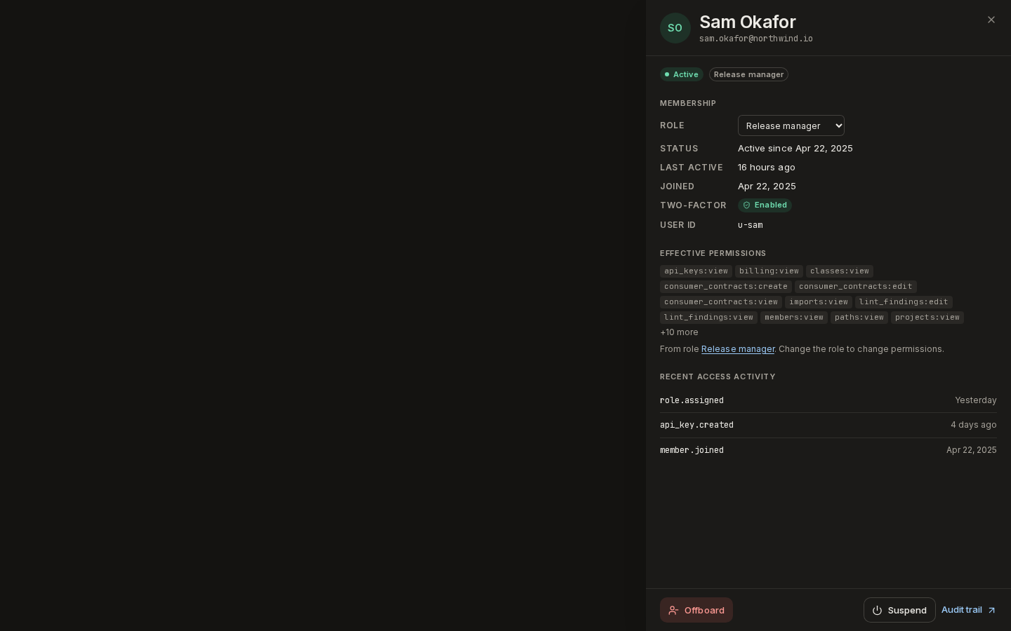 Sam Okafor's drawer: active Release manager with two-factor enabled, their effective permissions and recent access activity