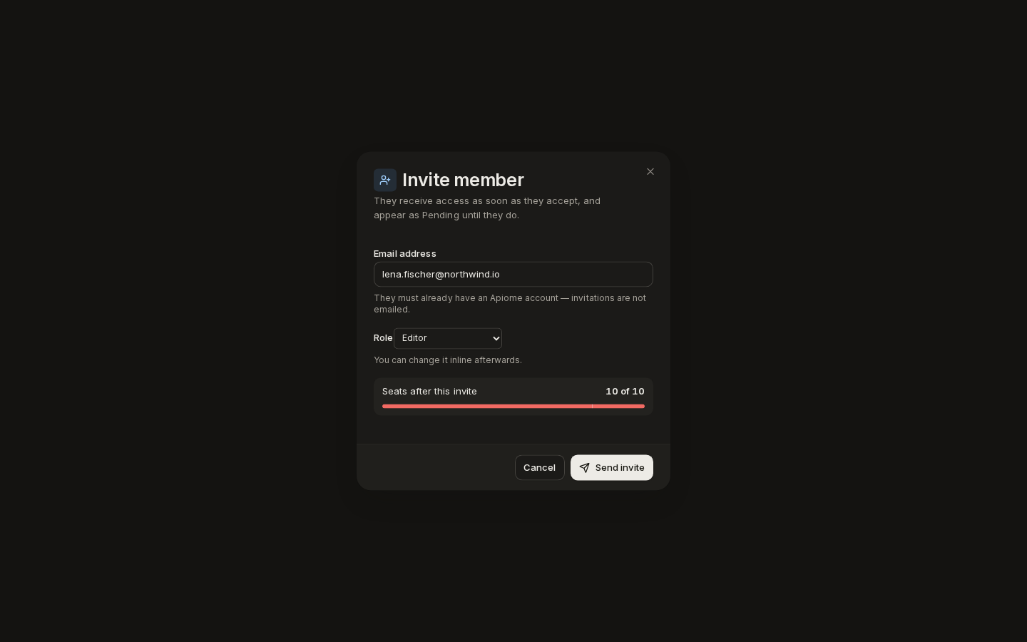 The Invite member dialog: an email address, the Editor role, and seats after this invite at 10 of 10