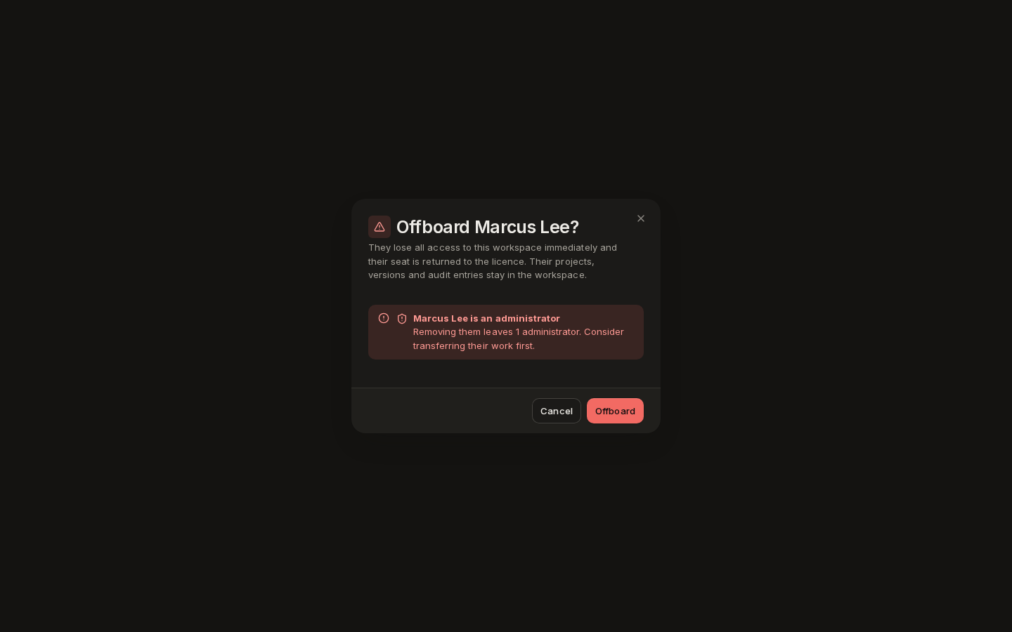 Offboard Marcus Lee? with a warning that Marcus Lee is an administrator and how many remain
