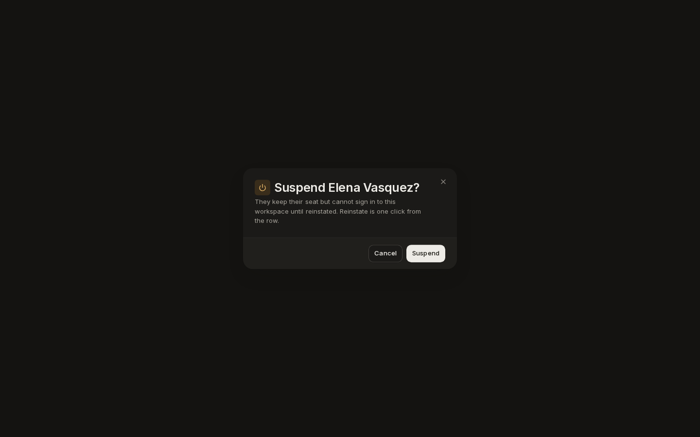 The confirmation: Suspend Elena Vasquez? with Cancel and Suspend
