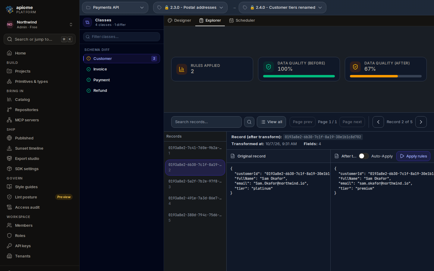 The Explorer: two rules applied, data quality 100% before and 67% after, and record 2 of 5 before and after the rules