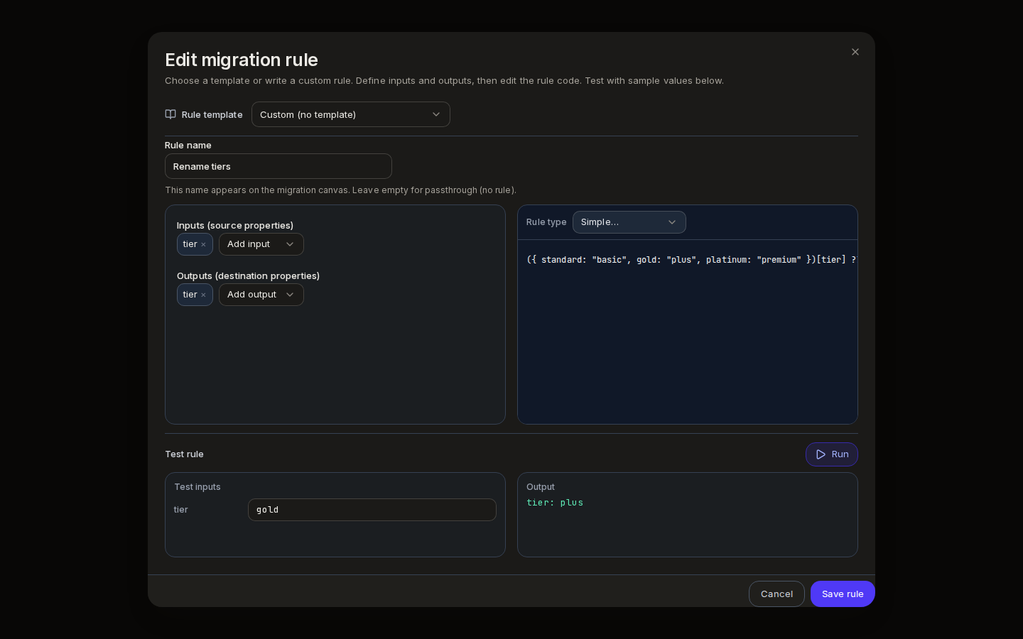 Edit migration rule: Rename tiers maps tier to tier with a simple expression; the test turns gold into plus