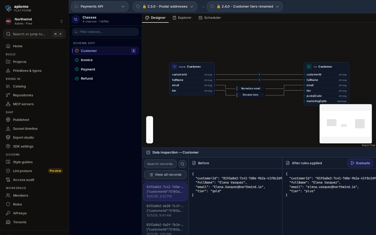 Migrations from Payments API 2.3.0 to 2.4.0: the Customer plan with Normalize email and Rename tiers rules, and a record before and after the rules