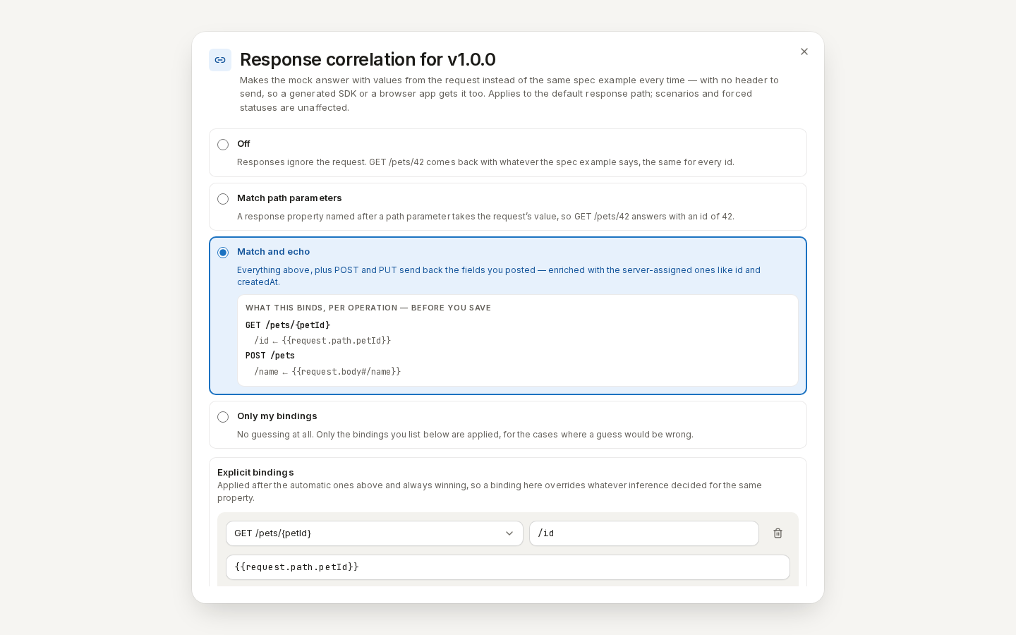 Response correlation: correlation modes, explicit bindings with a token picker, and a rendered preview