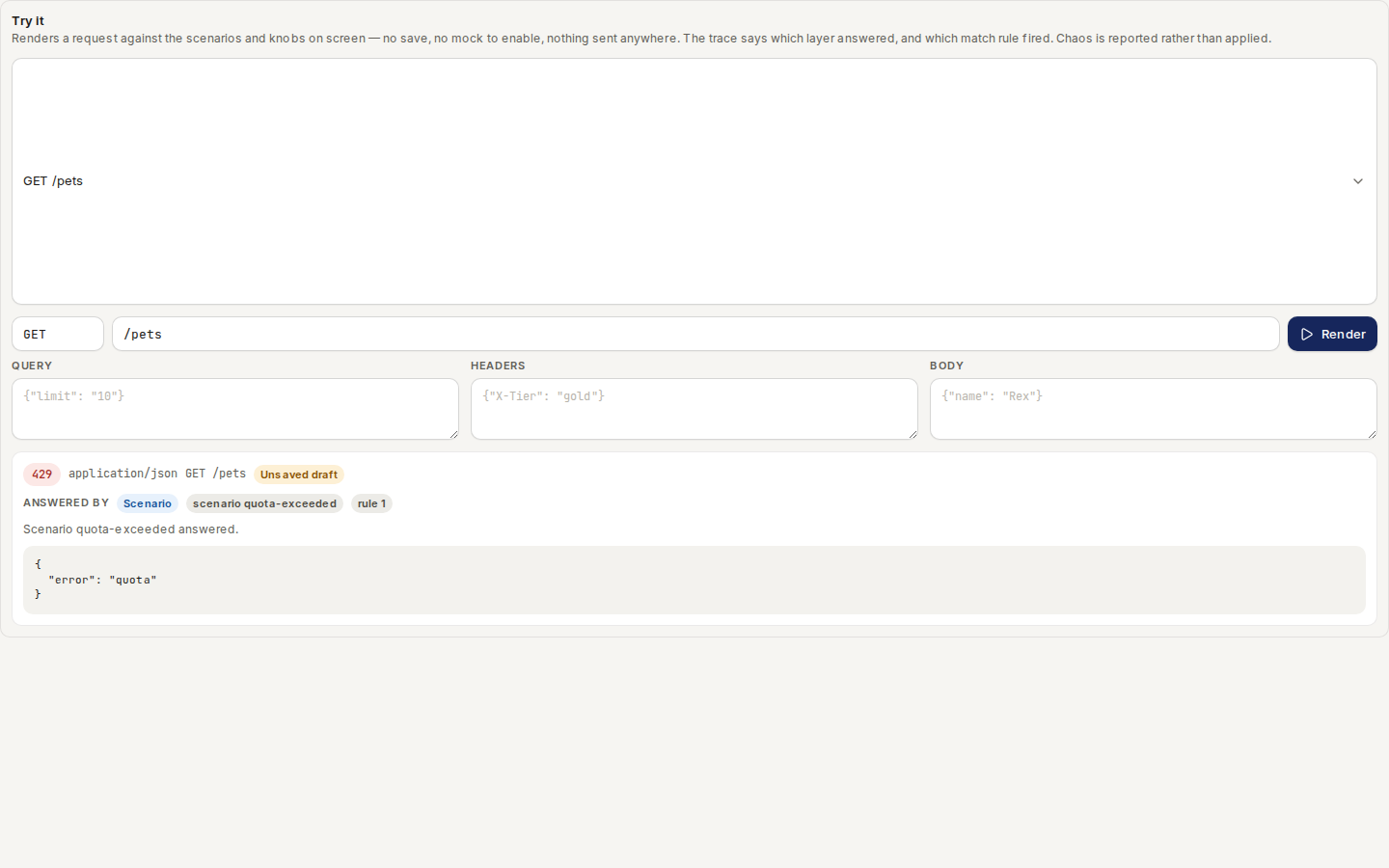 Try it: GET /pets rendered as HTTP 429, answered by the quota-exceeded scenario, rule 1, as an unsaved draft