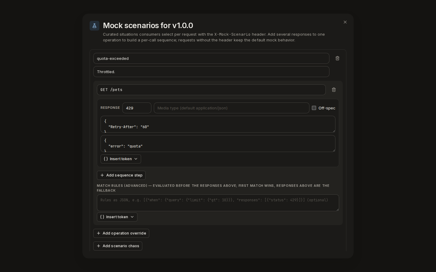 Mock scenarios for v1.0.0: a quota-exceeded scenario answering GET /pets with HTTP 429, Retry-After and an error body