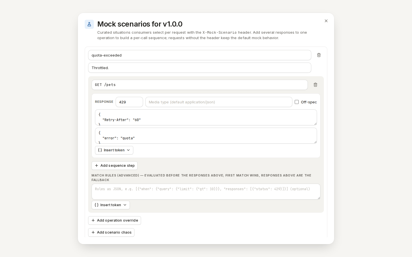 Mock scenarios for v1.0.0: a quota-exceeded scenario answering GET /pets with HTTP 429, Retry-After and an error body
