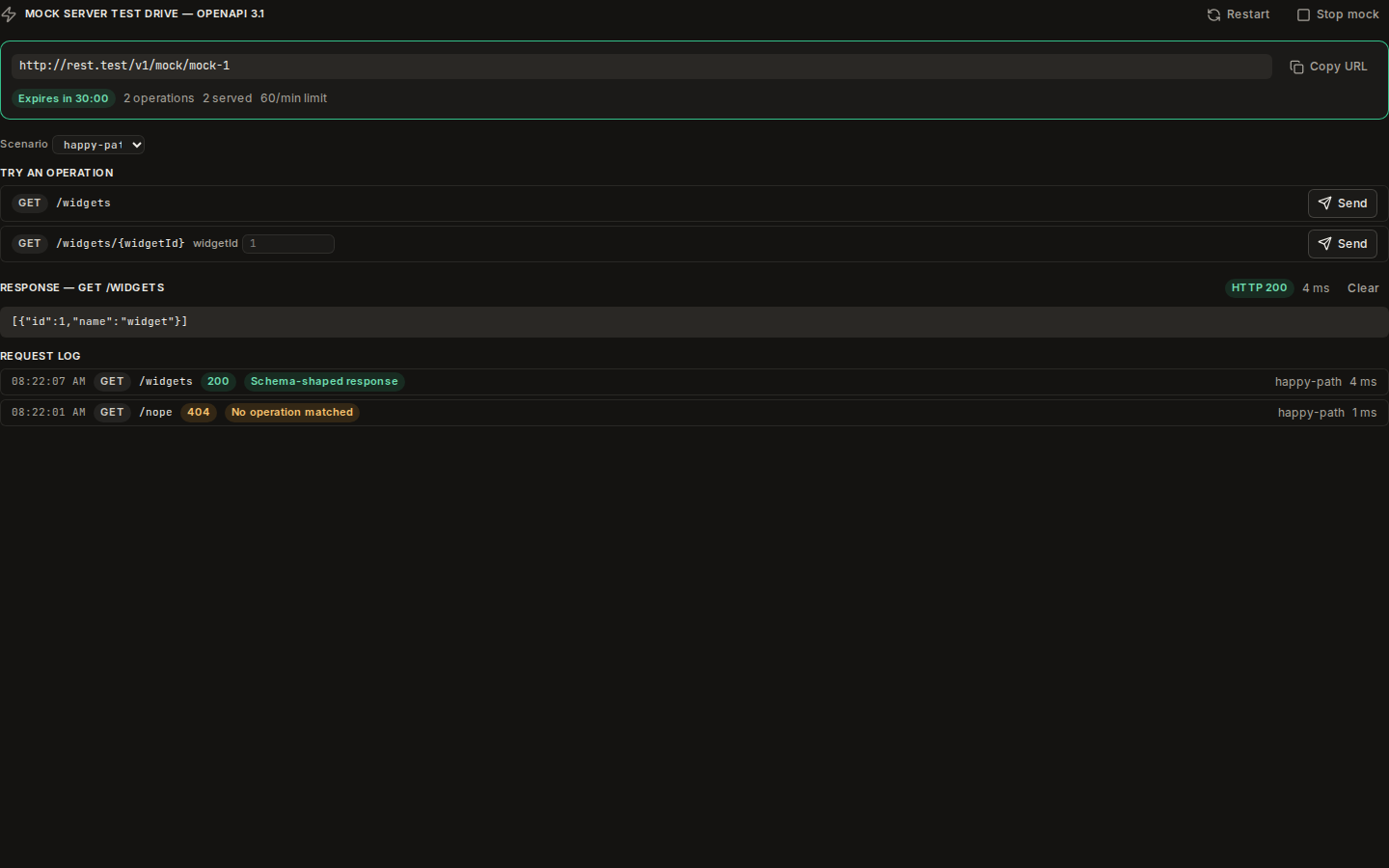 Mock server test drive: a live base URL, a countdown, operations to send, a 200 response and the request log