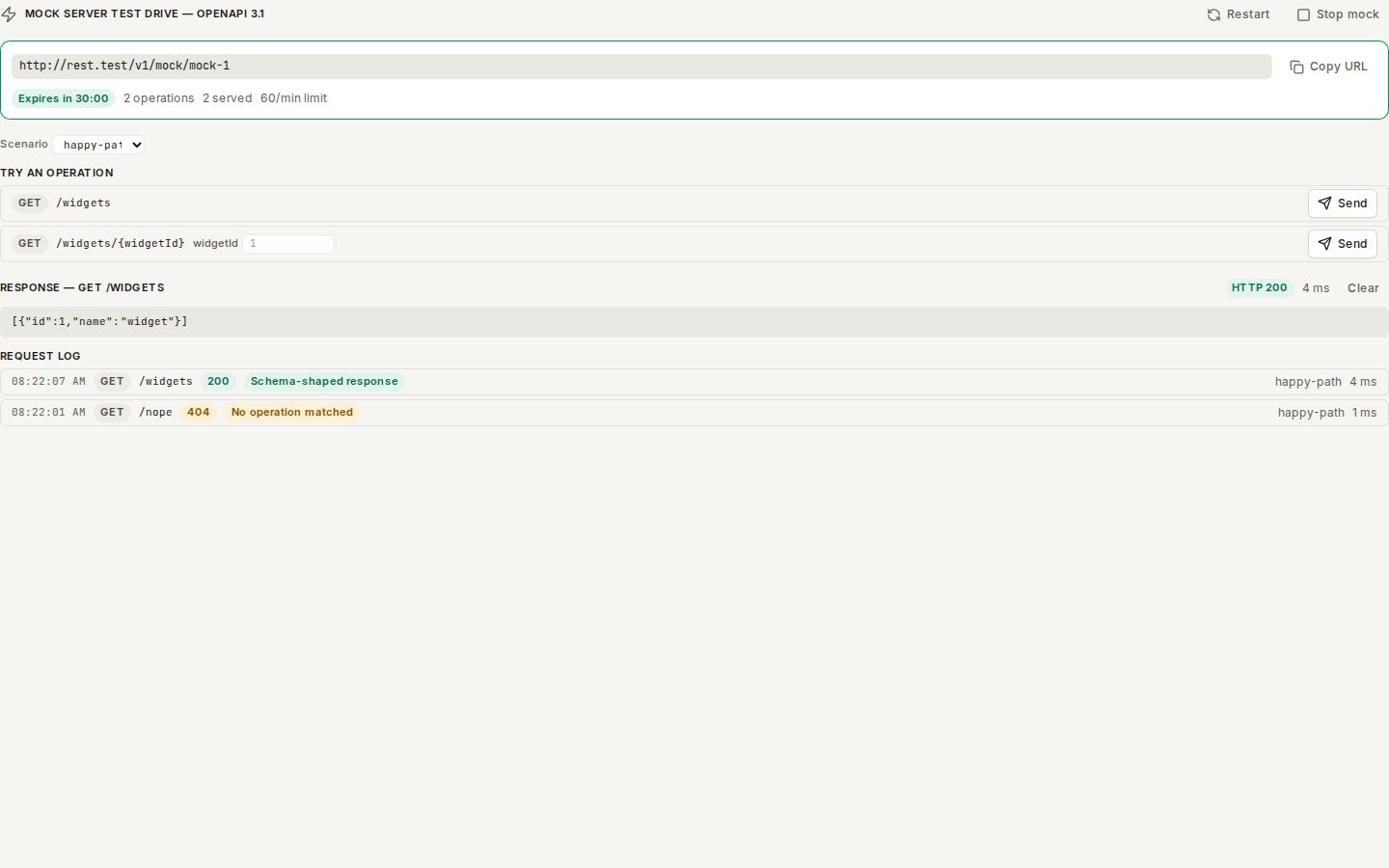 Mock server test drive: a live base URL, a countdown, operations to send, a 200 response and the request log