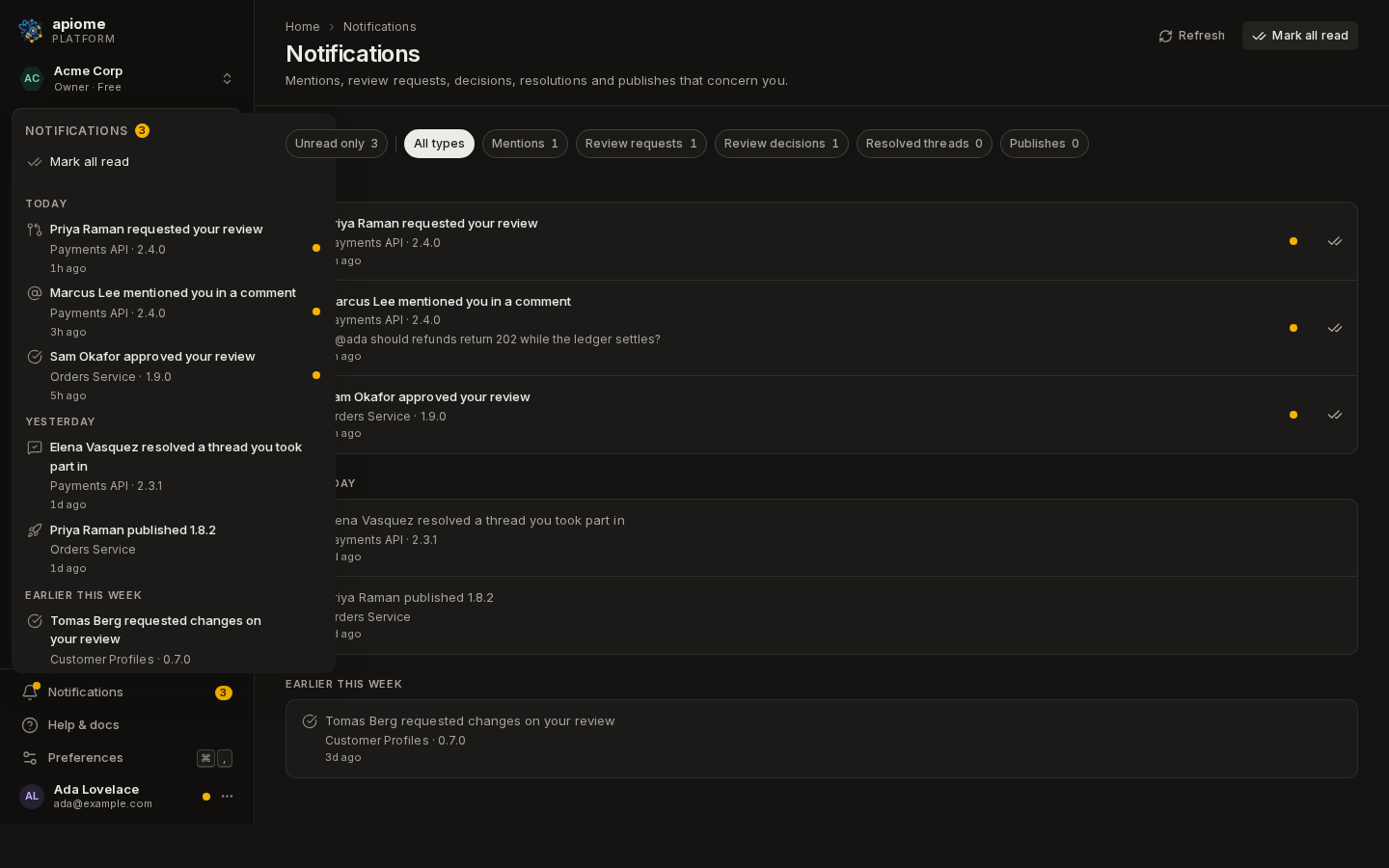 The bell's menu open over the sidebar: three unread notifications today and three older ones