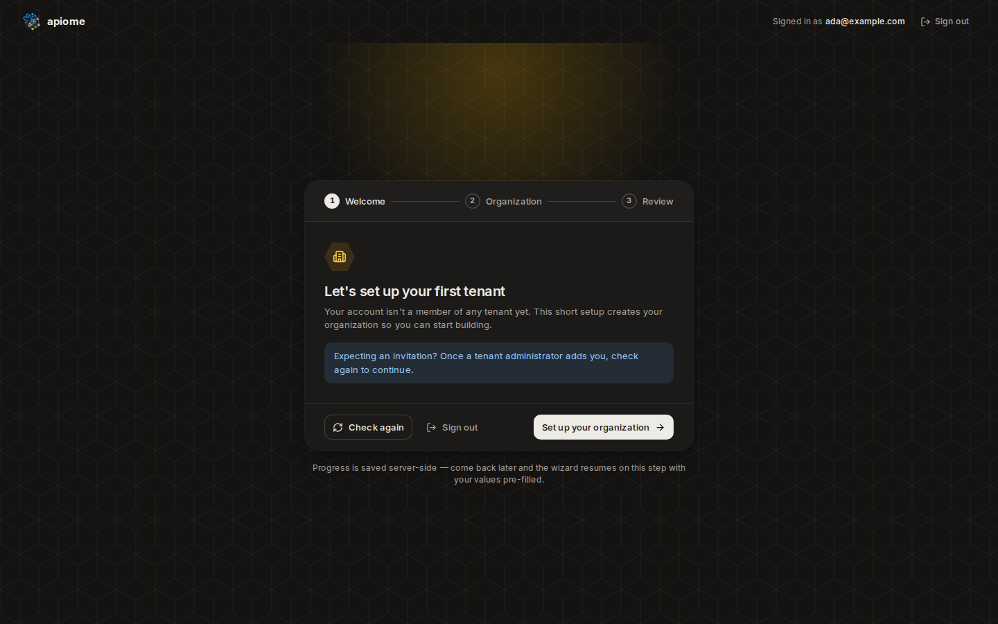 The onboarding welcome step: Let's set up your first tenant, with Check again and Set up your organization buttons