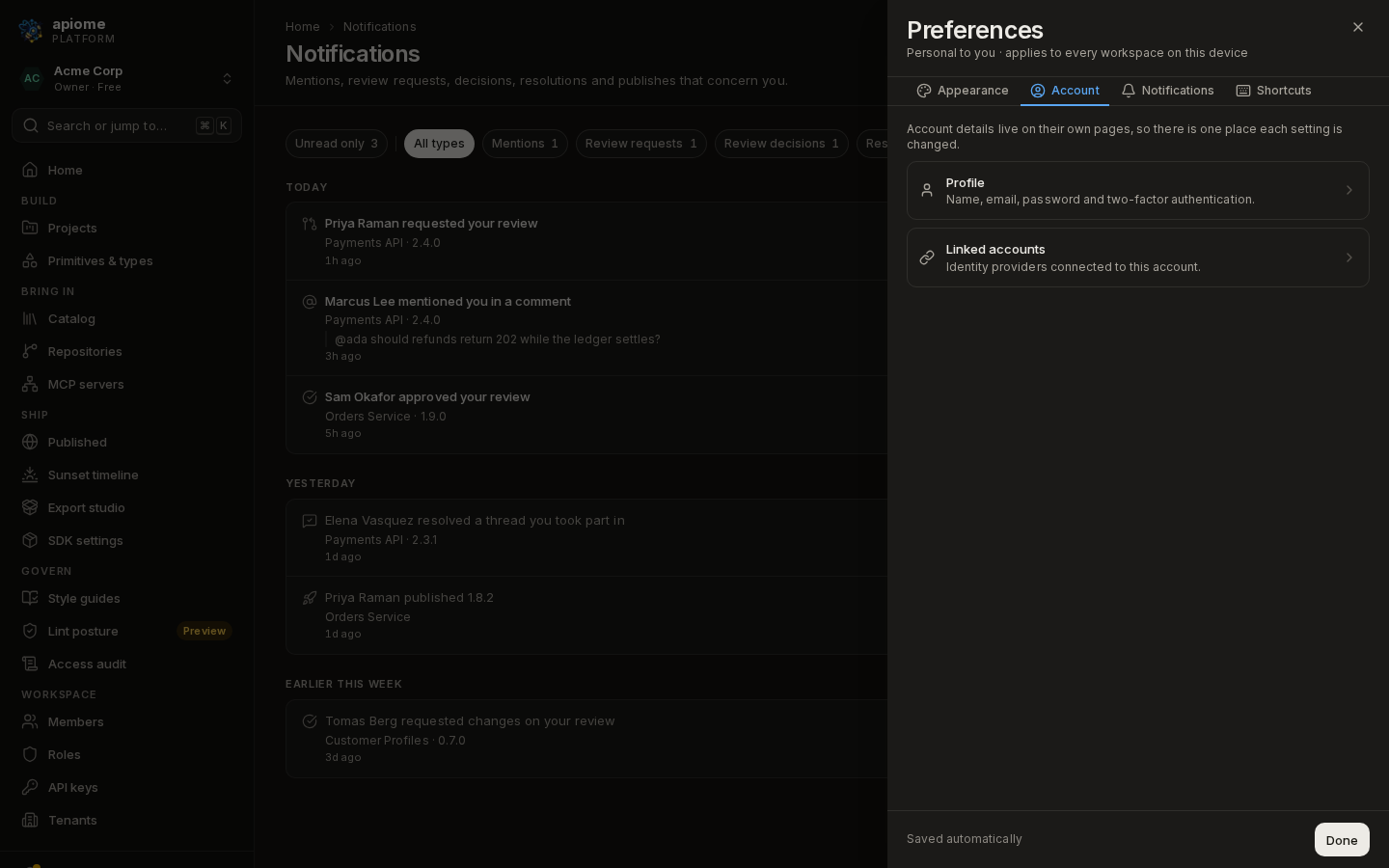 The Account tab: links to Profile and Linked accounts