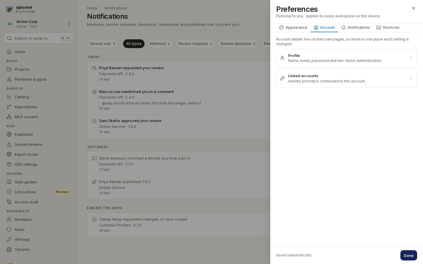 The Account tab: links to Profile and Linked accounts