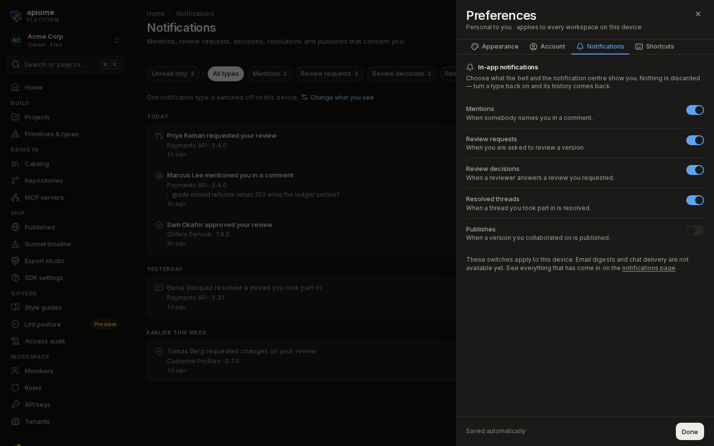 The Preferences pane's Notifications tab with Publishes switched off, over the notifications page