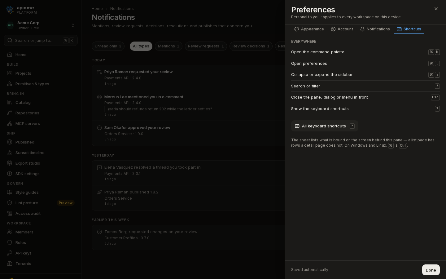 The Shortcuts tab: six shortcuts that work everywhere and the All keyboard shortcuts button