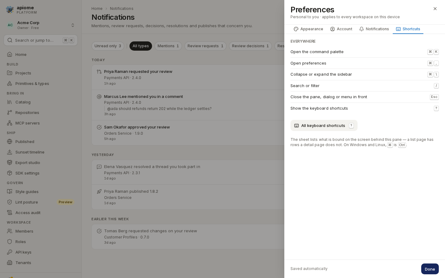The Shortcuts tab: six shortcuts that work everywhere and the All keyboard shortcuts button