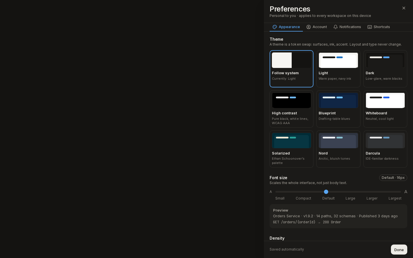The Preferences drawer on its Appearance tab: theme cards, the font size slider and a preview