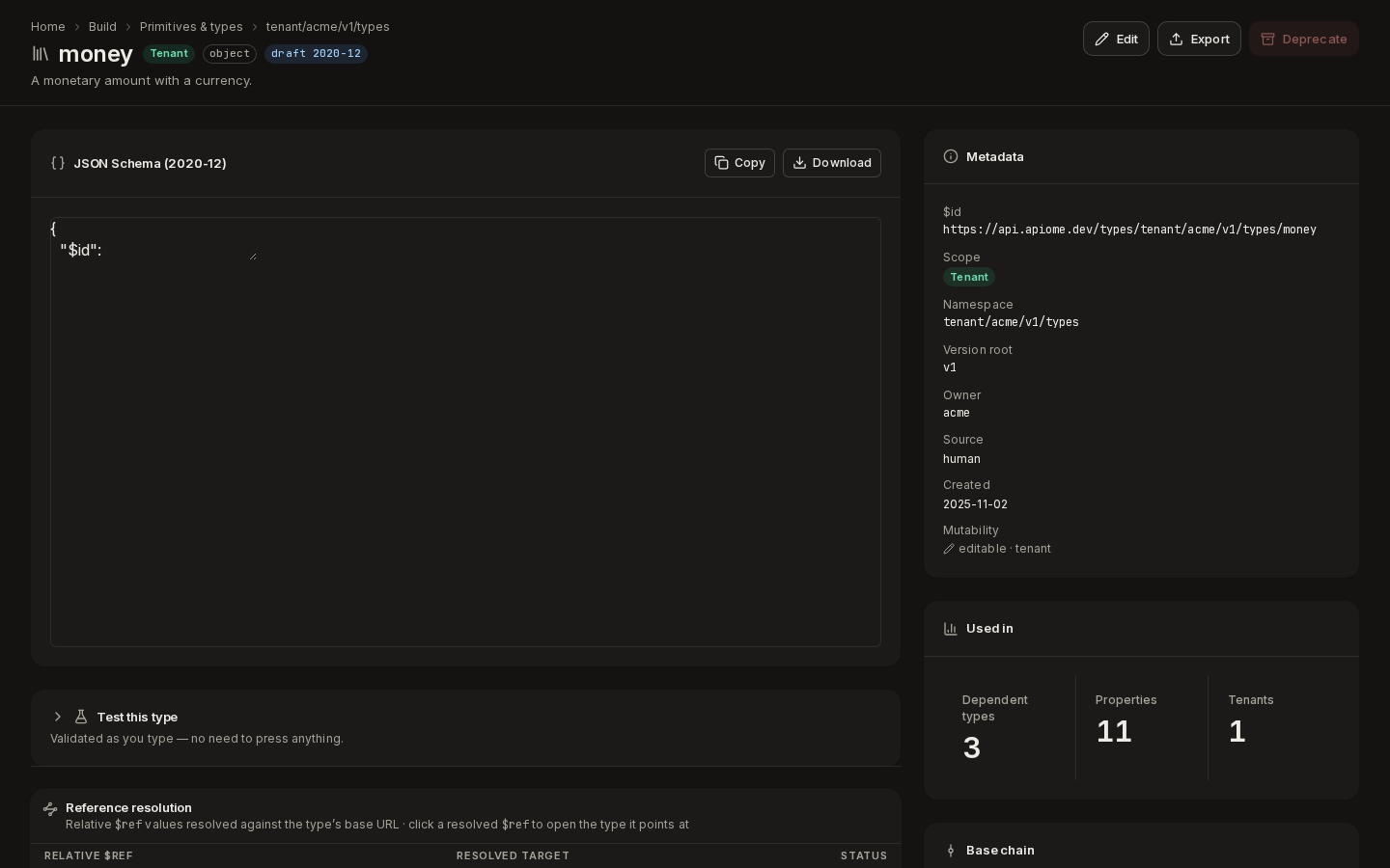 A type's page: its JSON Schema, metadata, where it is used, and its base chain