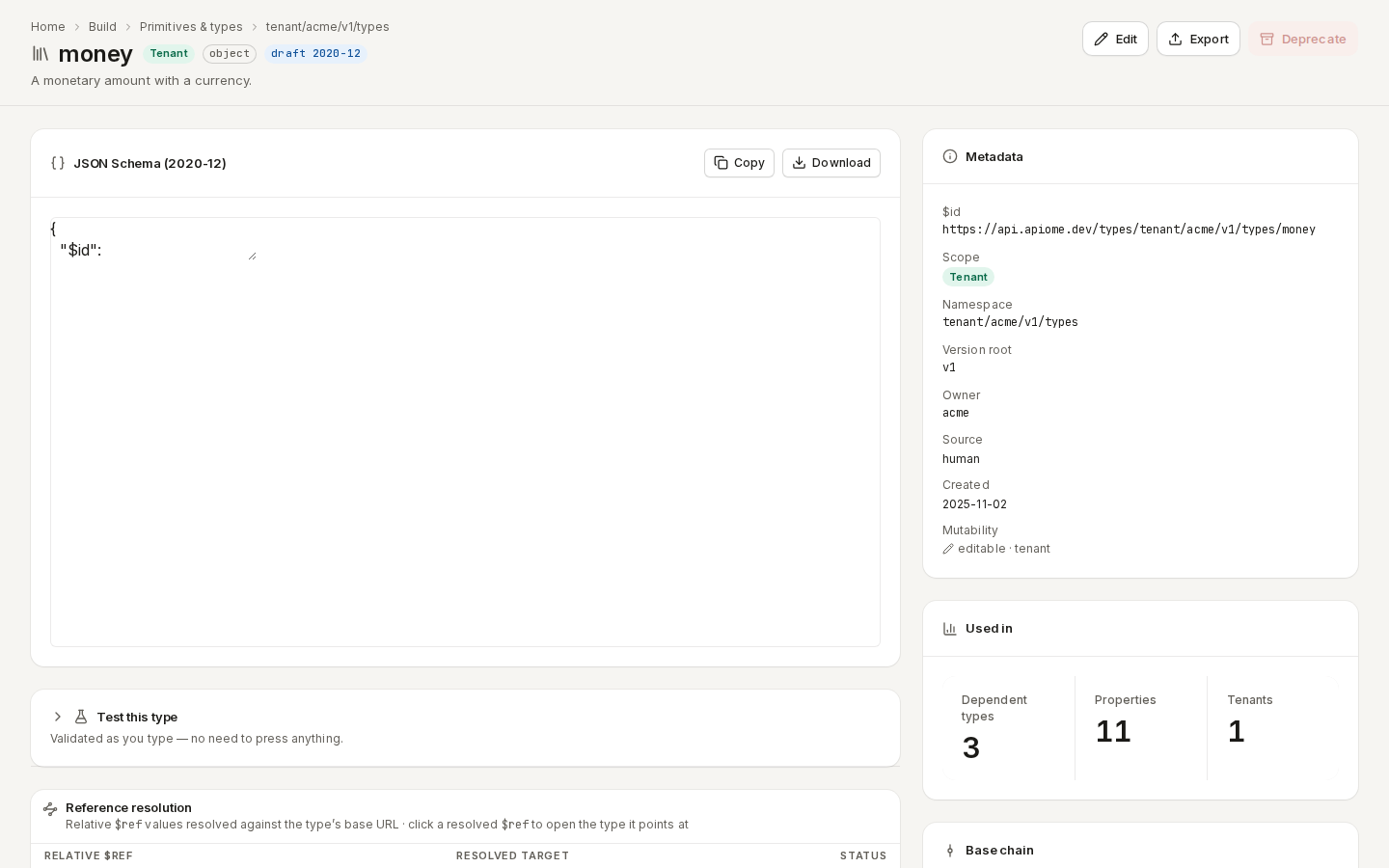 A type's page: its JSON Schema, metadata, where it is used, and its base chain