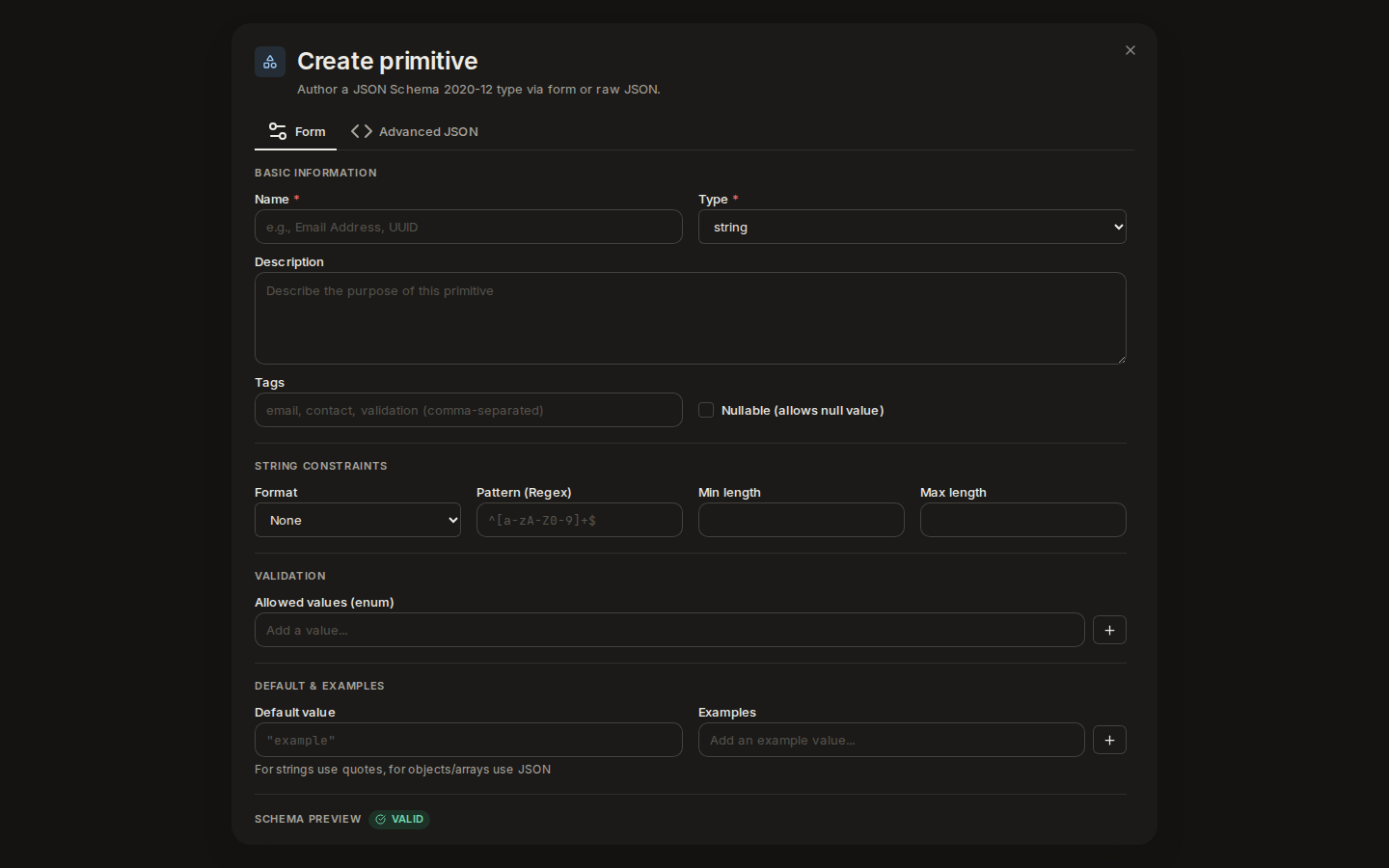 The Create primitive dialog: name, type, description, string constraints, allowed values, default and examples