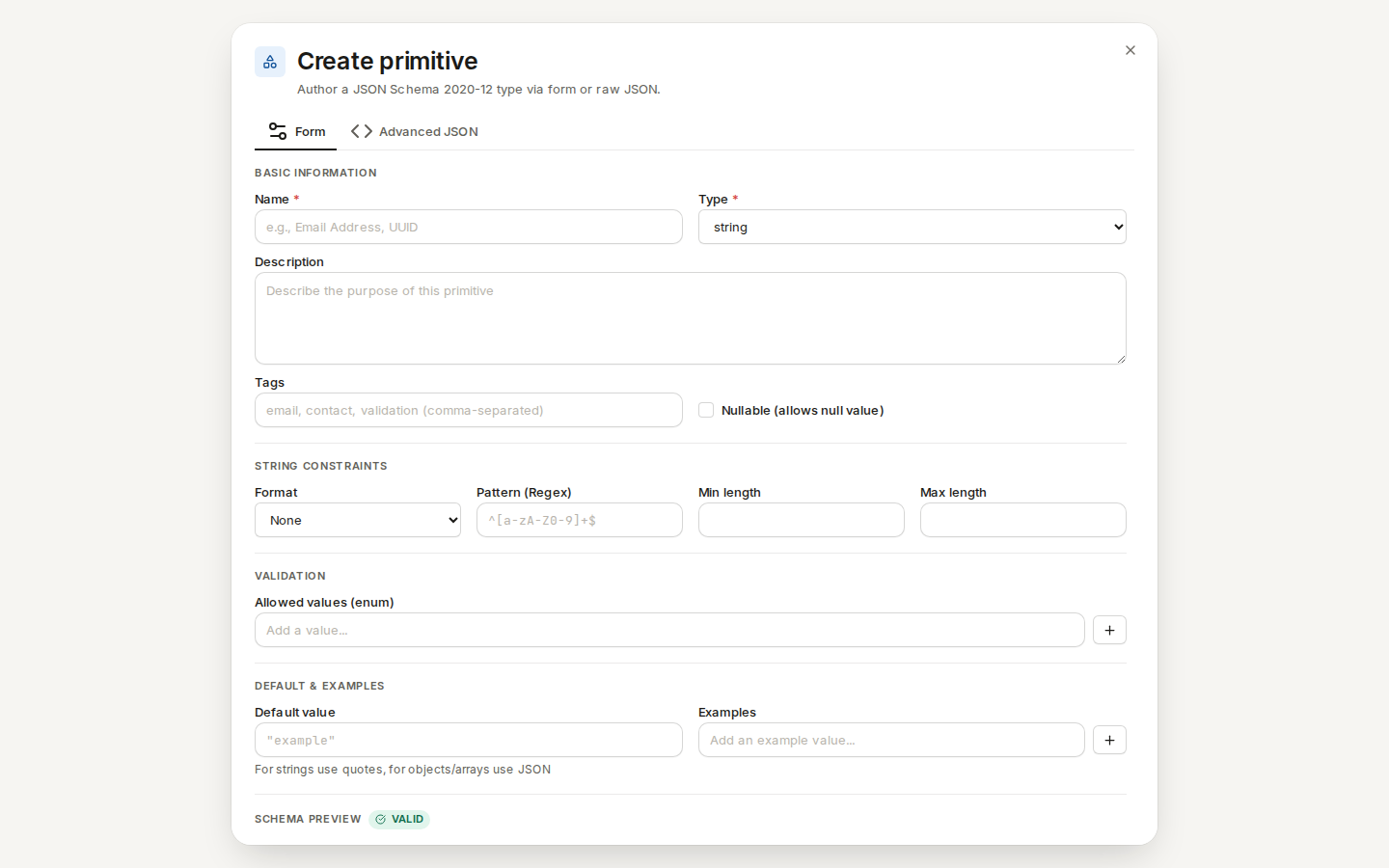 The Create primitive dialog: name, type, description, string constraints, allowed values, default and examples