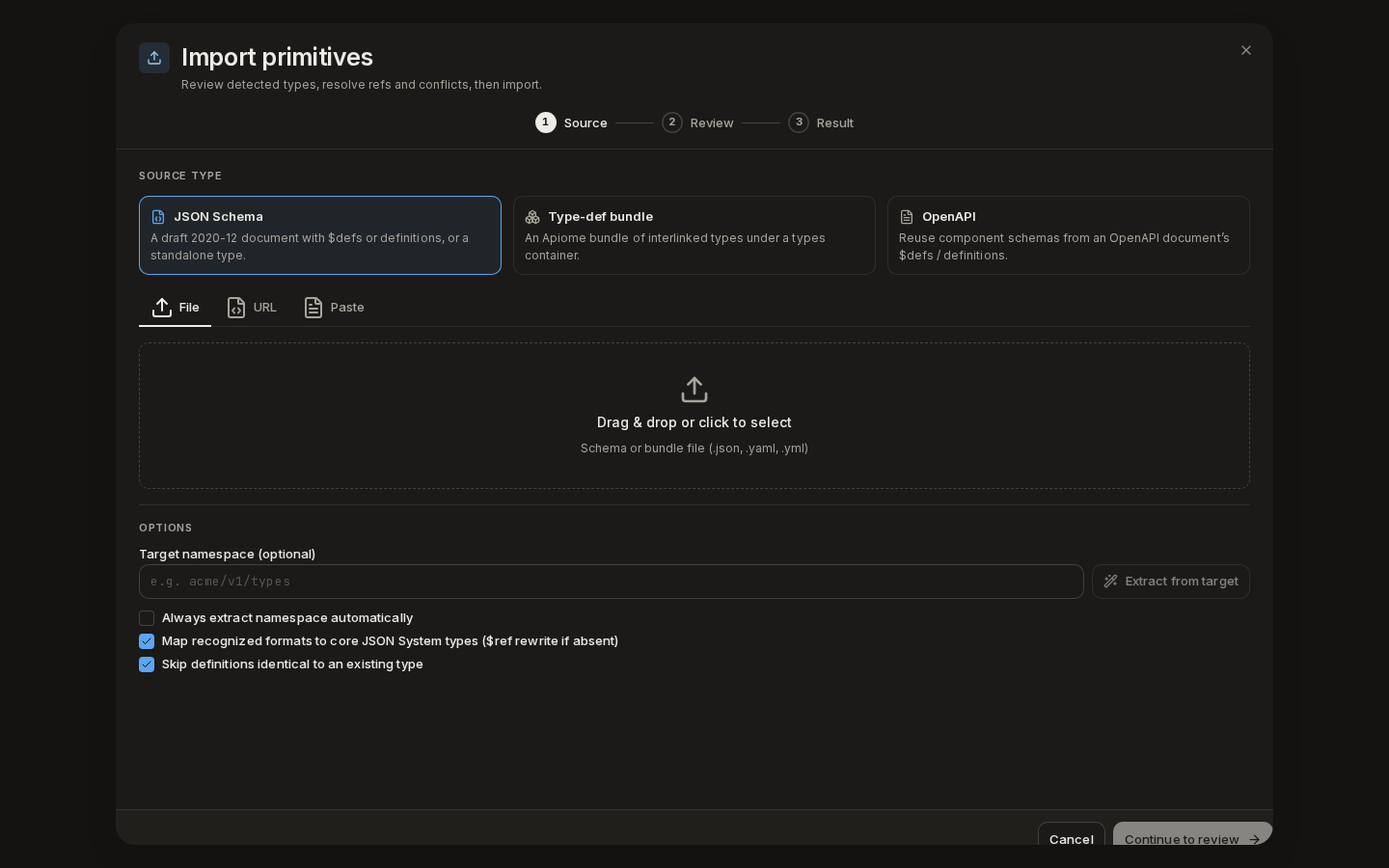 The Import primitives dialog on its Source step: source types, file, URL or paste, and namespace options