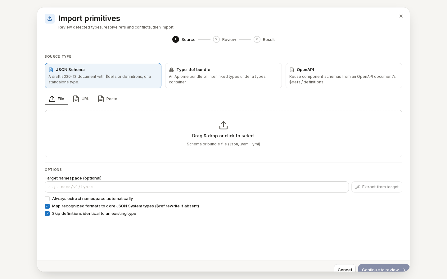 The Import primitives dialog on its Source step: source types, file, URL or paste, and namespace options