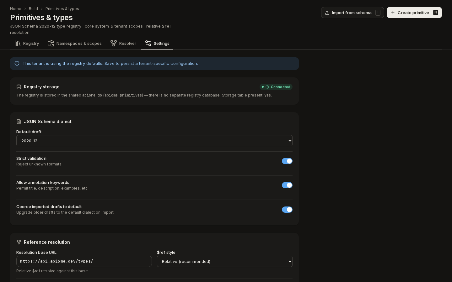 The Settings tab: registry storage, JSON Schema dialect, validation switches and reference resolution