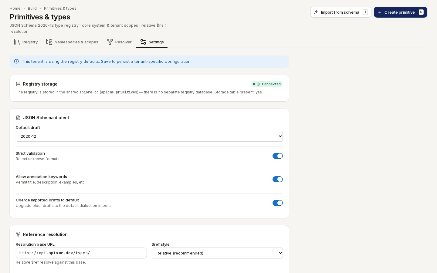 The Settings tab: registry storage, JSON Schema dialect, validation switches and reference resolution