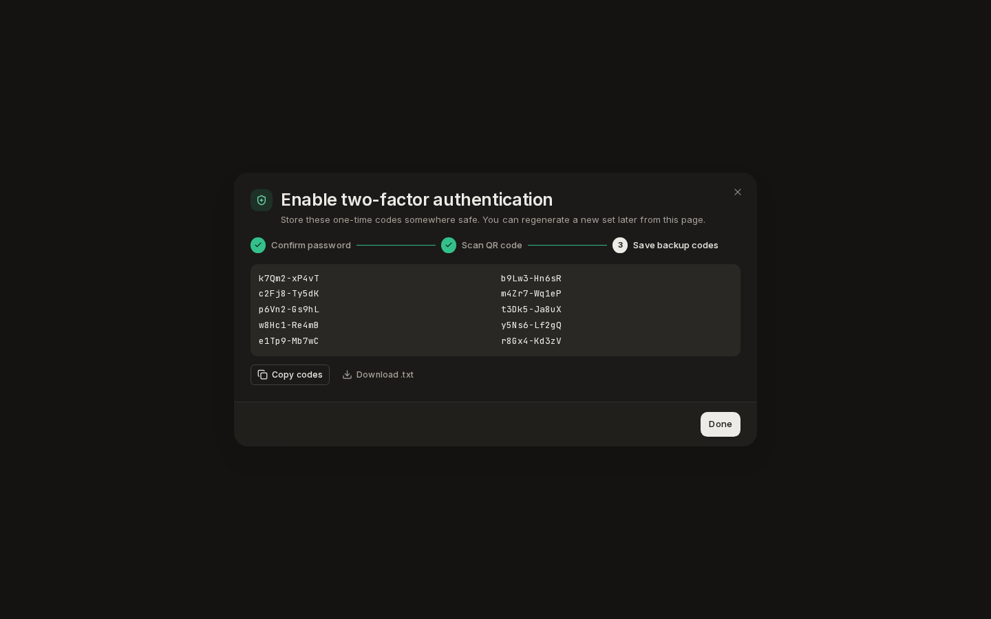 Enable two-factor authentication, step 3: ten one-time backup codes with Copy codes and Download .txt