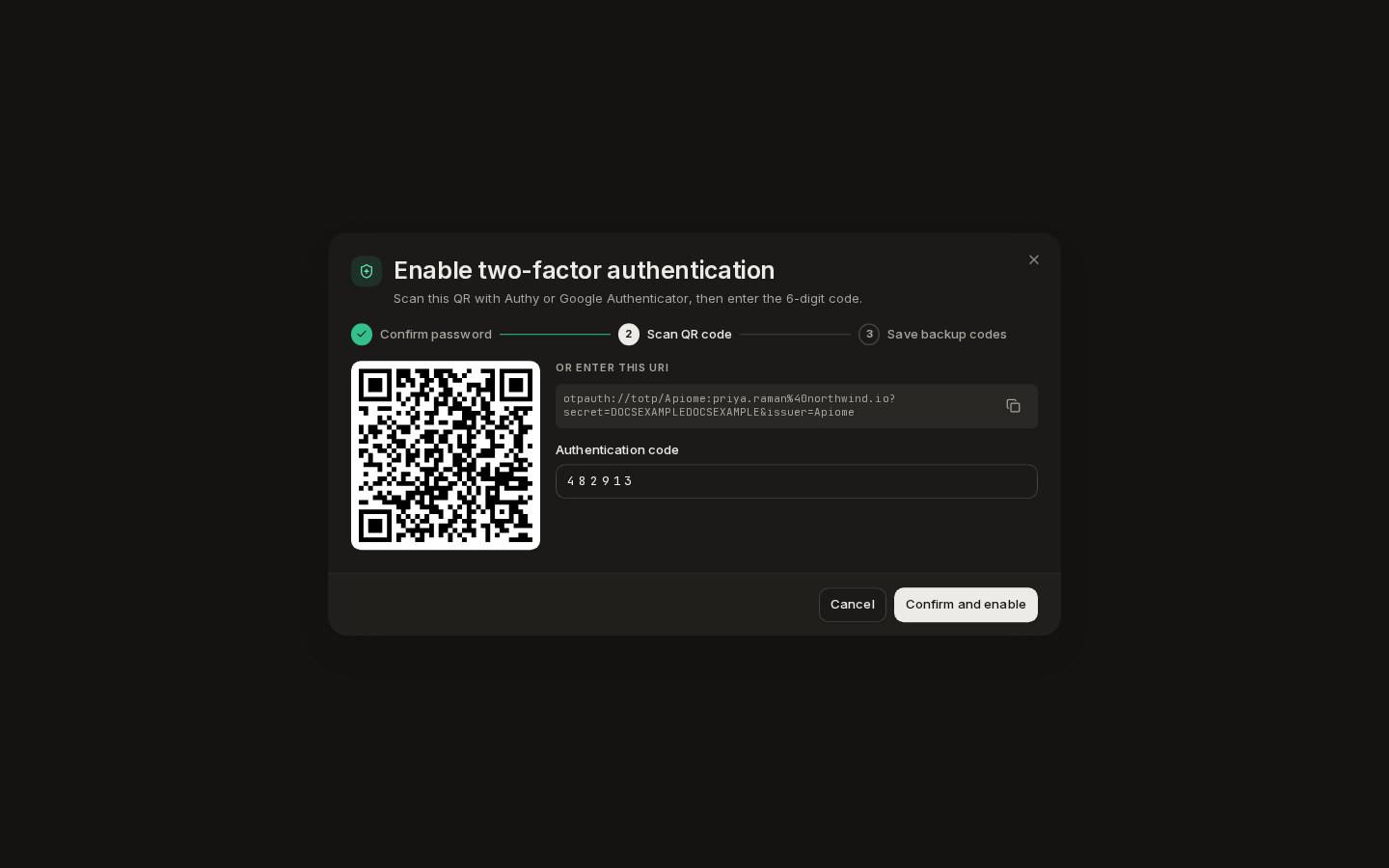 Enable two-factor authentication, step 2: the QR code, the otpauth URI and a six-digit code entered