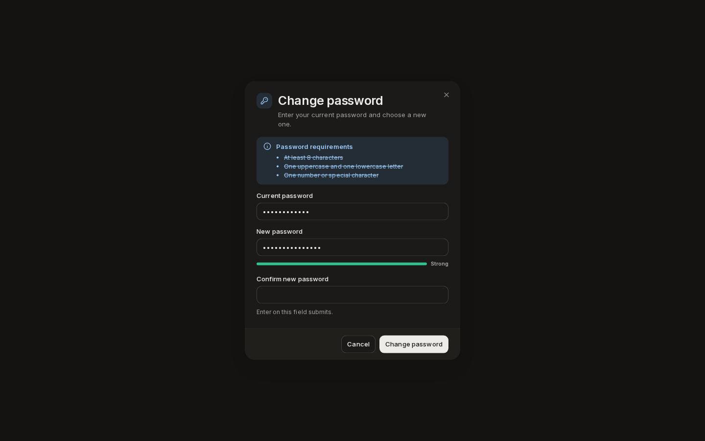 The Change password dialog with its requirements, current password and new password filled in