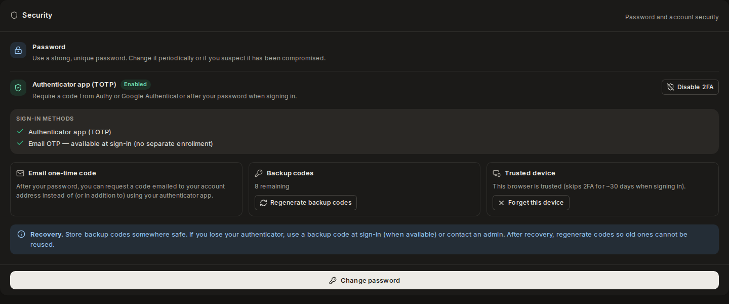 The Security card with two-factor enabled: sign-in methods, email code, backup codes, trusted device and recovery note