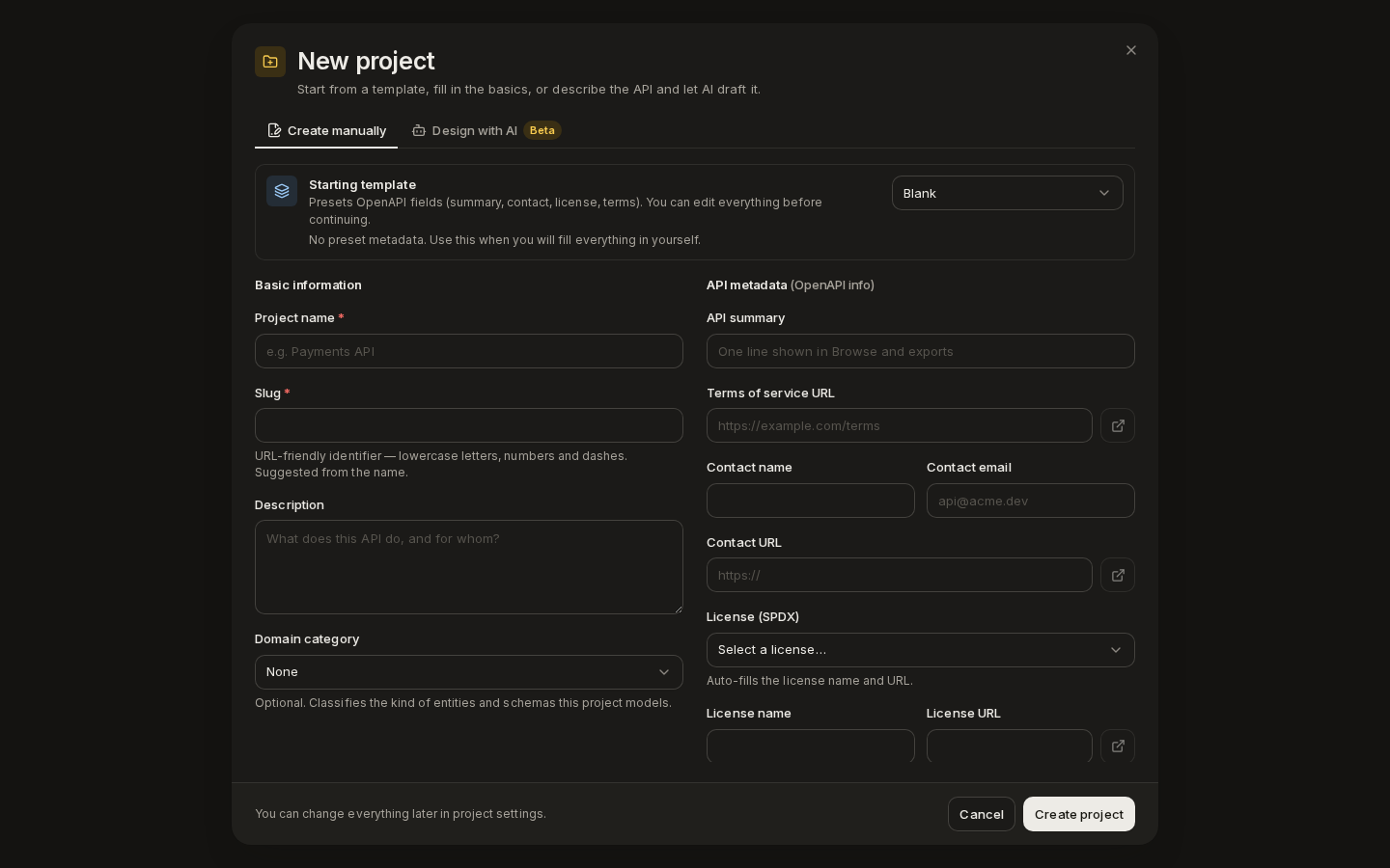The New project dialog: starting template, project name, slug, description and API metadata fields