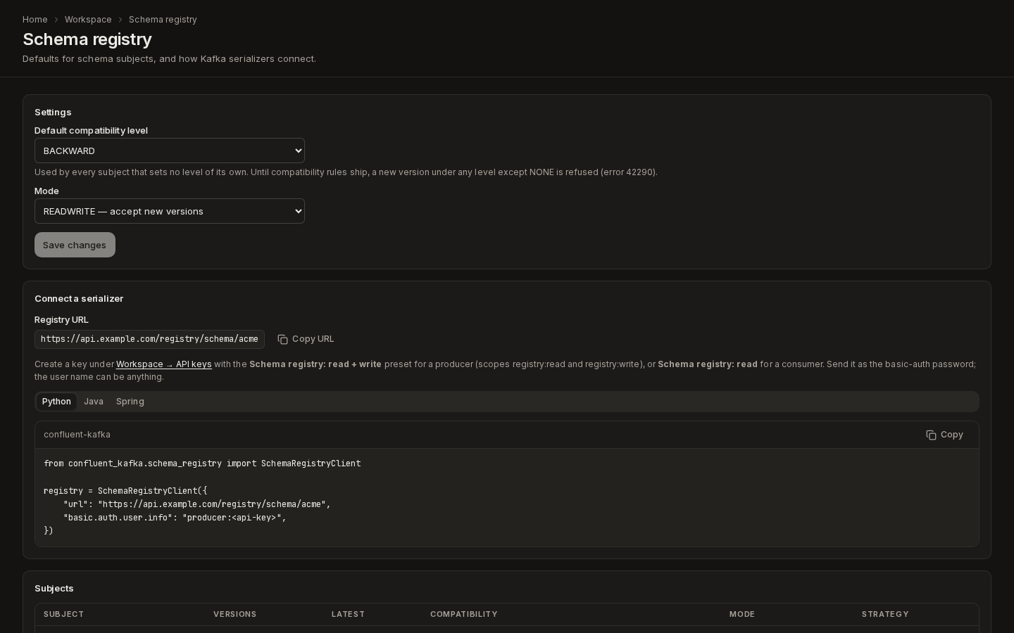 The Schema registry page: the default compatibility level and mode with Save changes, then Connect a serializer with the registry URL, the API key hint and the Python snippet