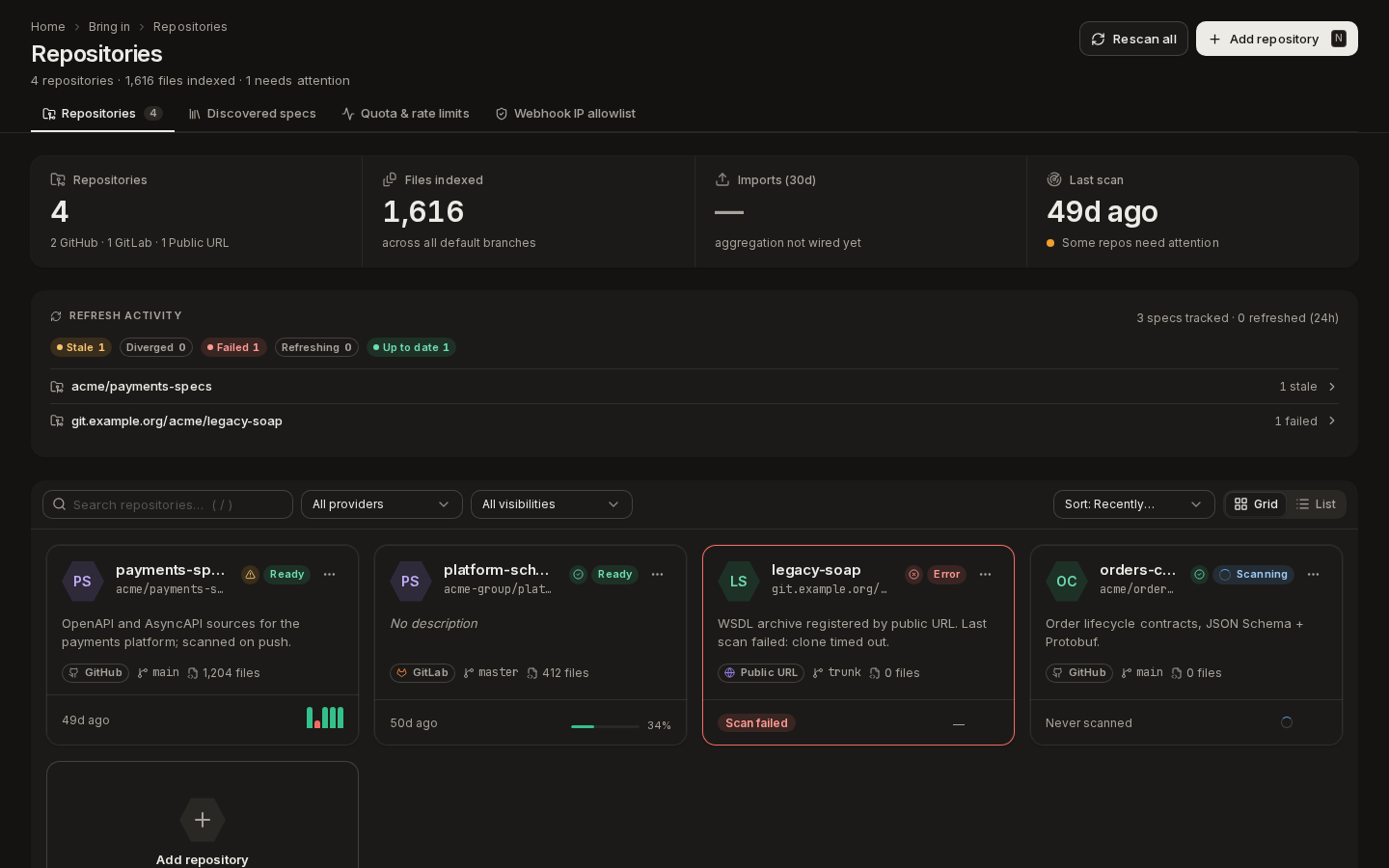 Repositories in Grid view, one card per repository with its health and scan state