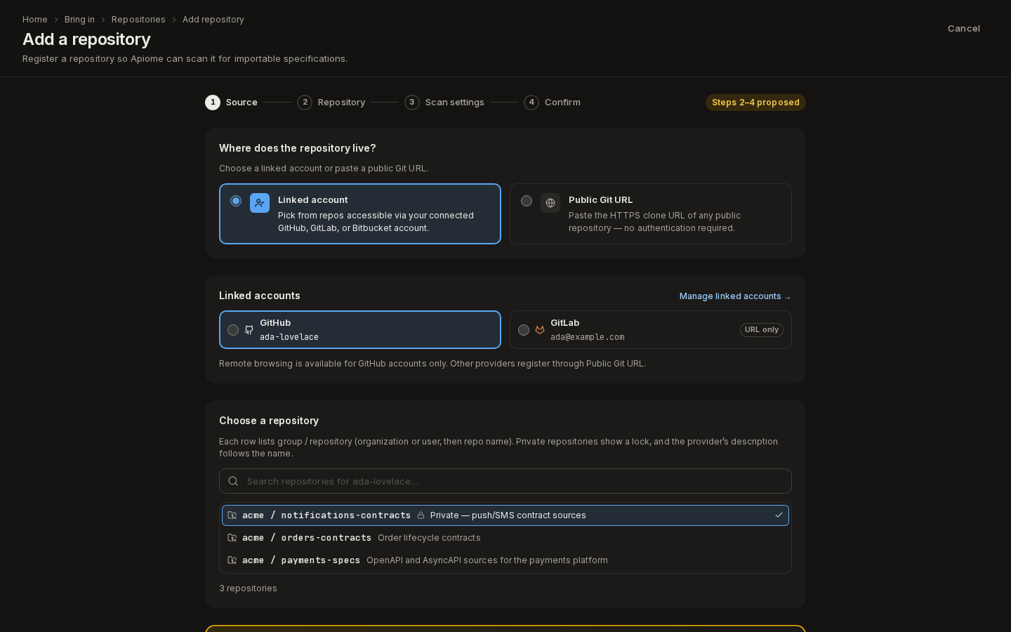 Add a repository with a linked GitHub account: choose a repository from the account