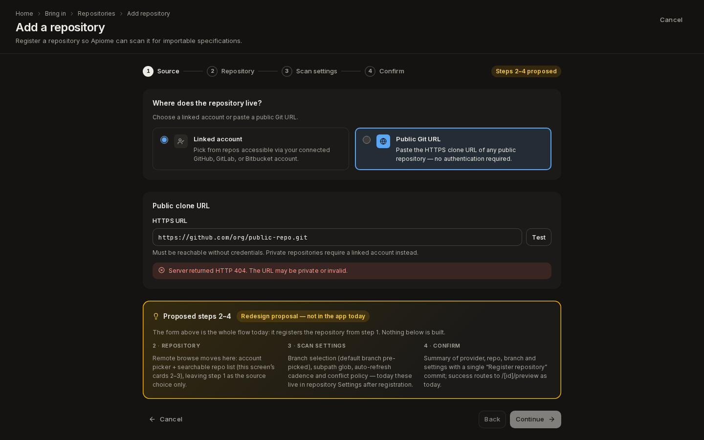Add a repository with Public Git URL: an HTTPS URL, Test and Continue
