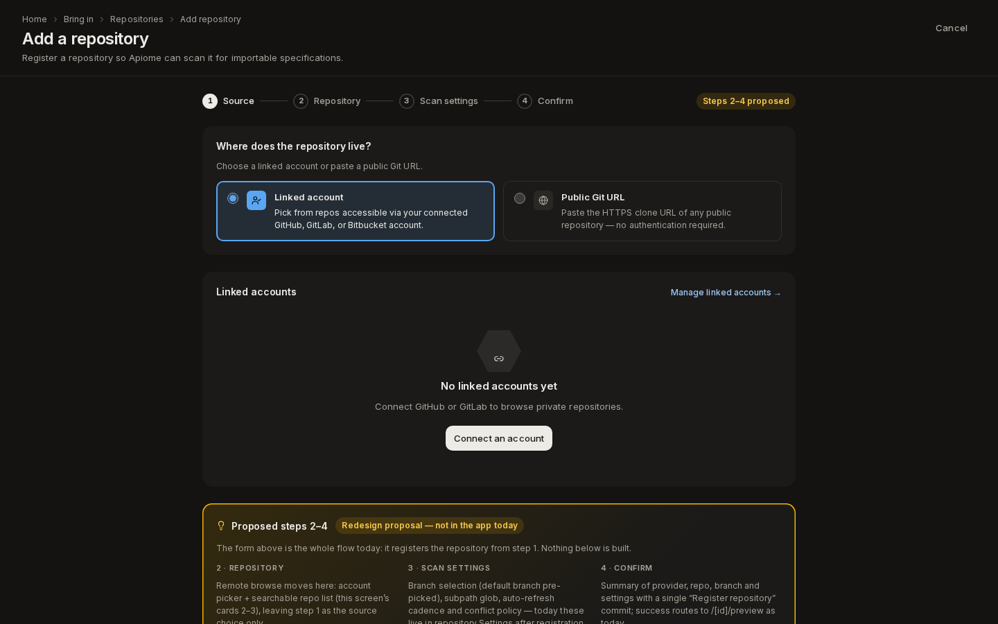 Add a repository with no linked accounts yet: Linked account and Public Git URL choices, and Connect an account